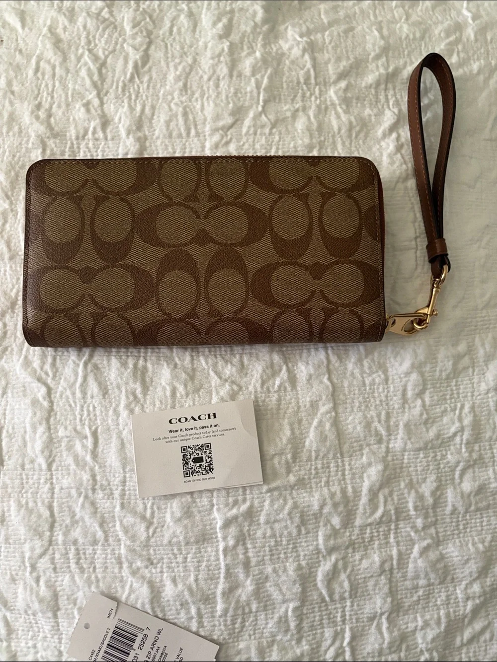 Coach Brown Signature Zip-Around Wristlet Wallet with Gold Logo